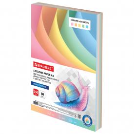 Бумага цветная, А4, 80 г/м2, 250 л., (5 цветов х 50 листов), пастель, для офисной техники, BRAUBERG (112463)