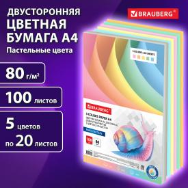 Бумага цветная, А4, 80 г/м2, 100 л., (5 цветов х 20 листов), пастель, для офисной техники, BRAUBERG (112460)