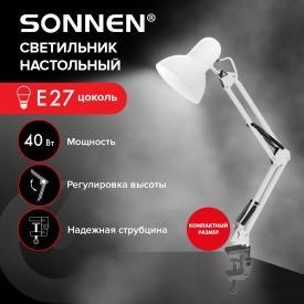 Настольная лампа-светильник TL-006, струбцина, 40 Вт, Е27, белый, высота 50 см, SONNEN (237649)