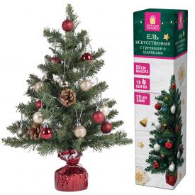 Ель искусственная декоративная, 50 см, зеленая, с гирляндой и игрушками, ЗОЛОТАЯ СКАЗКА (591316)