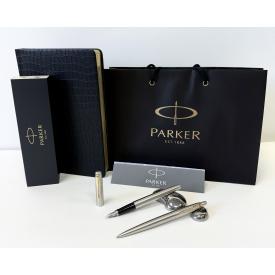 Подарочный набор ручка перьевая PARKER Jotter Stainles GT + шариковая ручка Jotter Stainles GT+ ежедневник А5 черный + подарочный пакет (880889)