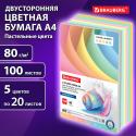 Бумага цветная, А4, 80 г/м2, 100 л., (5 цветов х 20 листов), пастель, для офисной техники, BRAUBERG (112460)